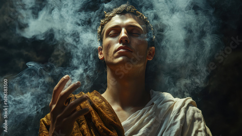 Young Man in Golden Drapery Amidst Smoke, Dramatic Portrait