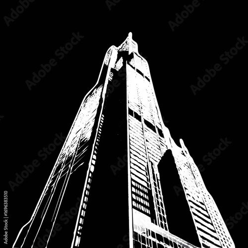 Architectural marvel reaches for the sky with striking lines and contrasts against a dark backdrop