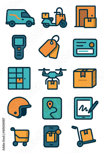 Last Mile Delivery icons in modern flat vector style in minimalistic vibrant color design: delivery van, cargo scooter, parcel bag, door delivery box,