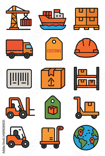 Port Logistics icons in modern flat vector style in minimalistic vibrant color design: container crane, shipping vessel, dock warehouse, freight