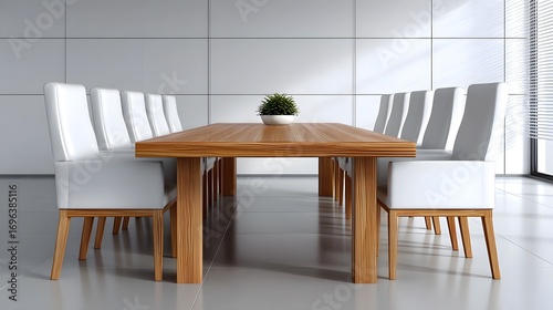 Airy, minimalist conference room with a large wooden table and sleek white chairs, surrounded by large that let in abundant natural light.