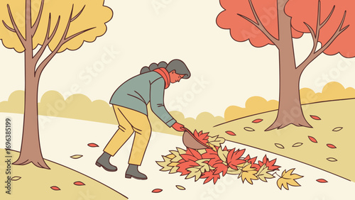 Person Collecting Fallen Leaves Vector Illustration