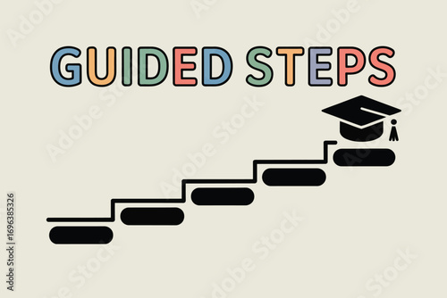 Guided steps text with a staircase leading to a graduation cap on a cream colored background image
