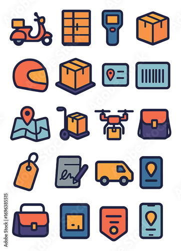 Last Mile Delivery icons in modern flat vector style in minimalistic vibrant color design: delivery scooter, package locker, handheld scanner, sealed