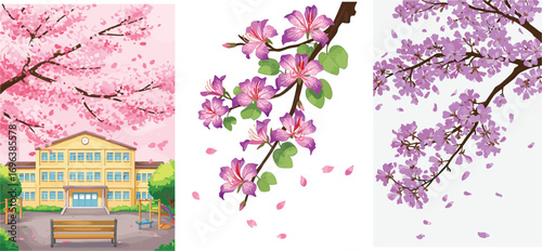 Cherry blossom schoolyard scene with playground, blooming branches, falling petals, and seasonal spring nature elements in detailed vector illustration design style