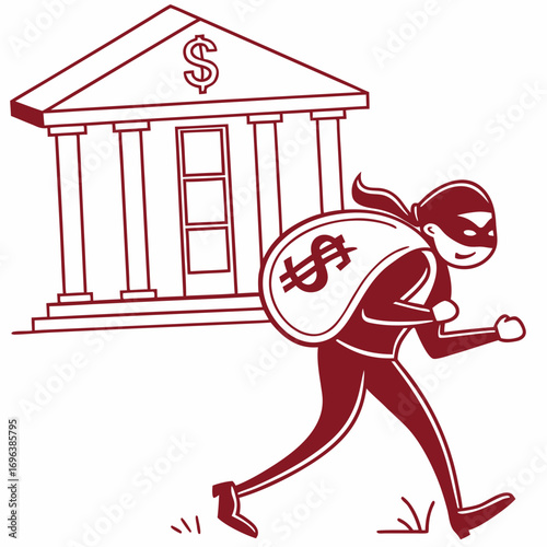 Cartoon thief in mask running away from bank with sack of money dollar symbol on bag