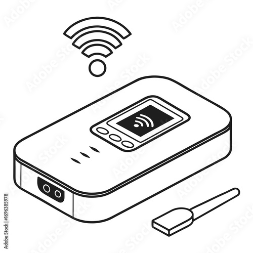 Isometric line art illustration of a portable wifi hotspot device with a connected usb antenna and wifi signal icon