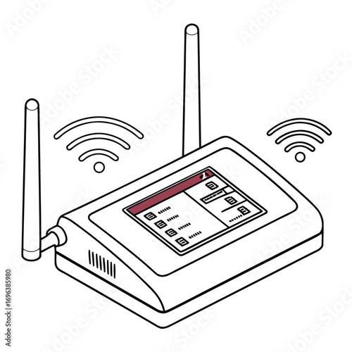 Isometric line art drawing of a modern wireless router with antennas and signal waves emanating from it