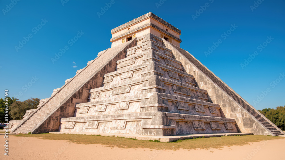 Fototapeta premium Ancient pyramid structure with intricate steps and clear blue sky, showcasing historical architecture and cultural significance