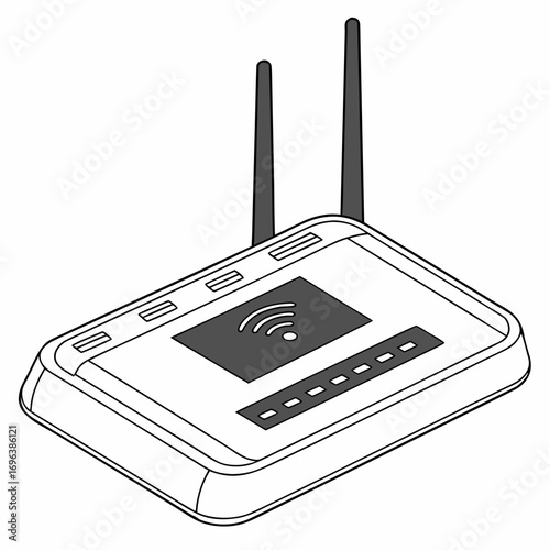 Modern wireless router with two antennas and wi fi signal indicator on a white background