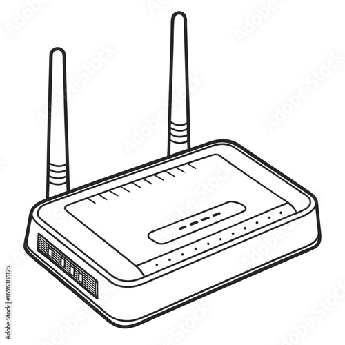 Simple line art illustration of a modern wireless router with two antennas and indicator lights