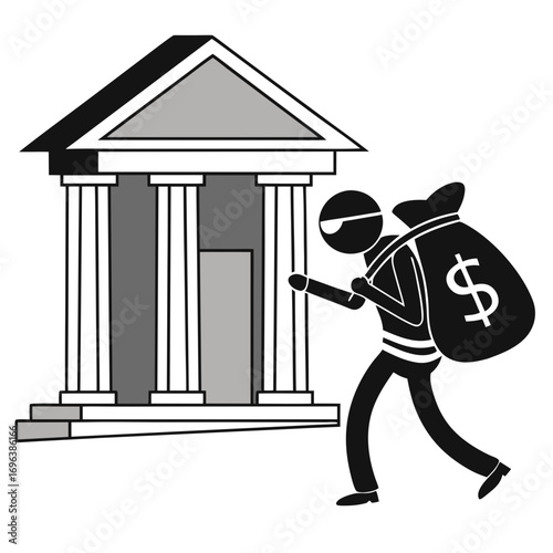 Stylized illustration of a burglar wearing a mask and carrying a large money bag with a dollar sign outside a bank building