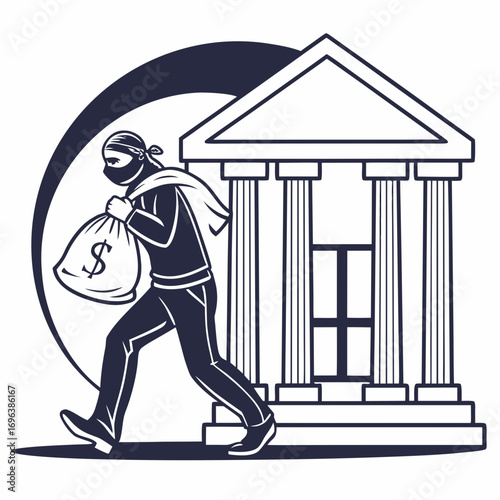 Stylized illustration of a masked thief carrying a money bag escaping from a classical bank building with columns