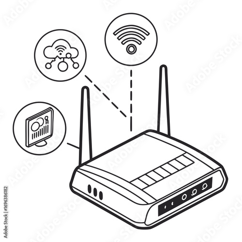 Wireless router connecting to cloud services and computer network for internet access and data transfer