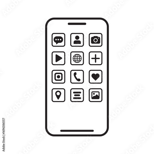 Minimalist smartphone vector with blank app icons, black outline design. Mobile phone interface template for UI, UX, app, web, technology, communication, isolated on white background