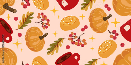 Flat seamless pattern on light background with pumpkin, bun, rowan berries, tea cup and autumn leaves. Perfect for wrapping paper, banners and textiles.