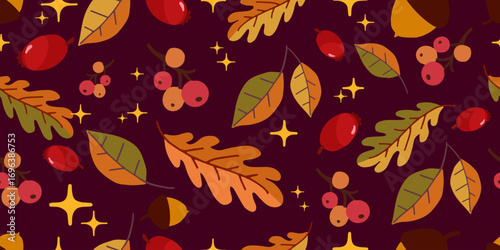 Flat seamless vector with autumn leaves, rowan berries and rose hips on dark background. Great for wrapping, textile, banners and seasonal decor.