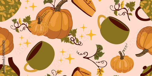 Flat seamless vector with pumpkins, pumpkin pie, green leaves and hot drink on light background. Great for wrapping, textiles and seasonal designs.