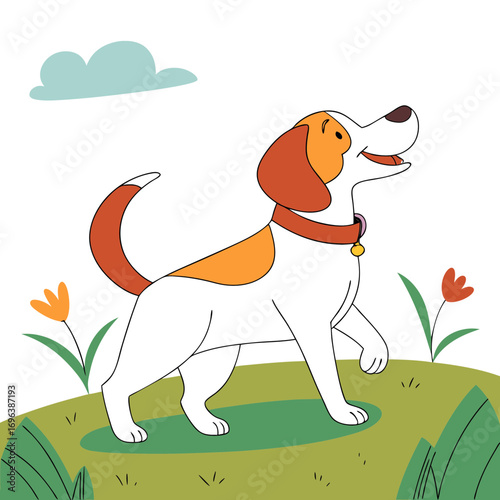 Happy Dog Standing in Garden with Flowers Vector Art
