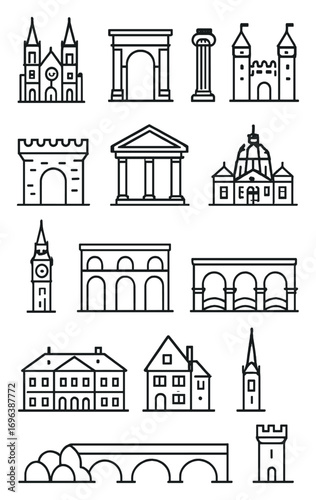 Historic Architecture icons in minimalistic line art style: gothic cathedral, roman arch, greek column, medieval castle, fortress wall, ancient temple