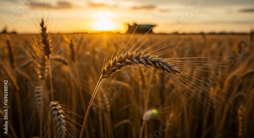 麦畑の夕日と黄金色の穂、美しい風景写真