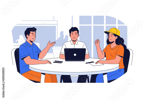 Vector art of three diverse people, two men and one woman, are sitting around a round table, actively engaged in a discussion with a laptop in the center