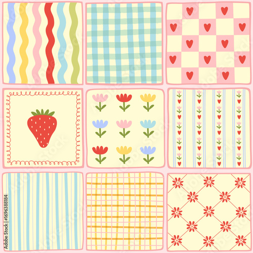 Hand painted abstract tiles seamless pattern. Contemporary naive art on checkered background. Assortment of plaid, gingham, tartan textures and funky doodles. Patchwork vector design