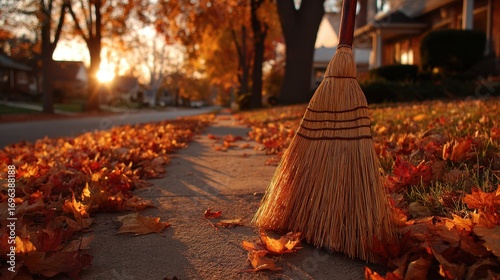 Broom sweeping dry autumn leaves across concrete sidewalk golden hour lighting quiet suburban street outdoor cleaning scene