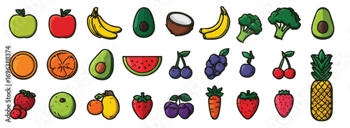 Collection of colorful cartoon style fruits and vegetables in an appealing design for healthy eating promotion