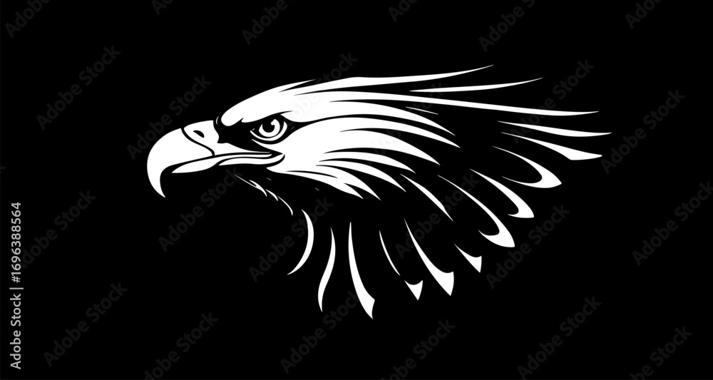 Obraz premium Minimalist Black Eagle Head Logo Side View. Vector illustration of a minimalist black eagle head logo in side profile view on a dark background. Modern, bold, and power