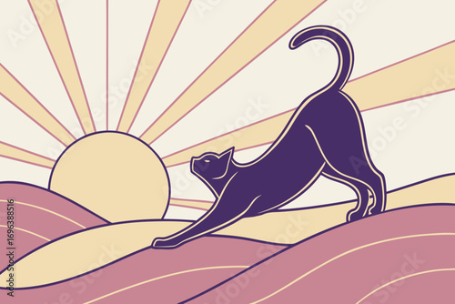 Stylized cat stretching in a wavy landscape at sunrise