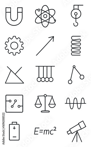 Physics icons in minimalistic line art style: magnet, atom model, light bulb, pulley, gear, force arrow, spring, pendulum, prism, Newton's cradle,