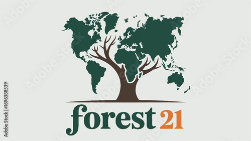 A Minimalist Graphic Design Featuring a Tree with World Map Branches, Symbolizing Global Environmentalism and Eco-Consciousness