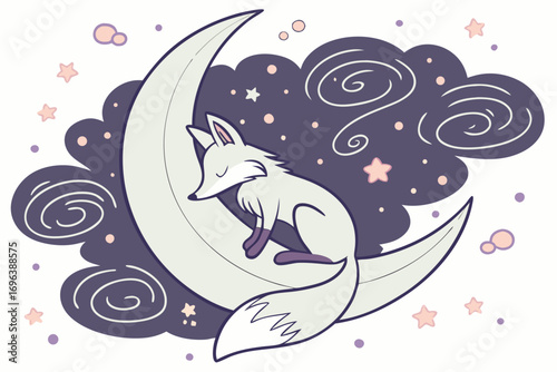 Cute fox sleeping peacefully on a crescent moon surrounded by stars and clouds