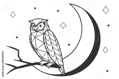 Geometric owl perched on a branch against a crescent moon and stars