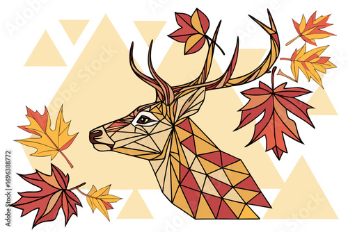 Geometric deer head with autumn leaves and triangle pattern