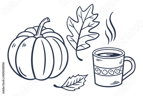 Hand drawn illustration of a pumpkin autumn leaves and a steaming cup of coffee