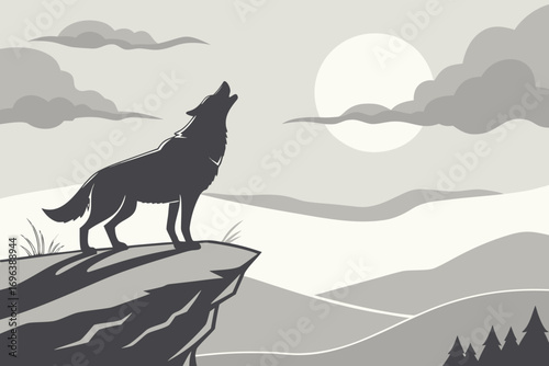 Silhouette of a wolf howling at the moon on a cliff overlooking a valley