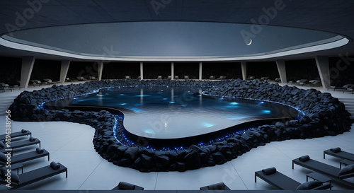 Luxurious indoor lagoon pool with dark volcanic rock surround blue lighting and a starry night sky ceiling.