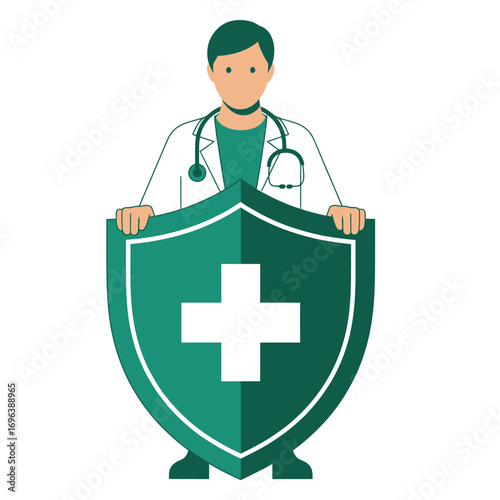 Colorful vector of a doctor standing behind a protective shield with medical cross isolated on white background