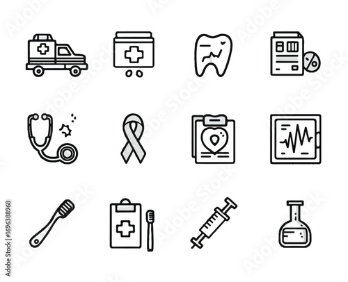 Collection of medical icons and symbols for healthcare and medicine representing different aspects of health and treatment options