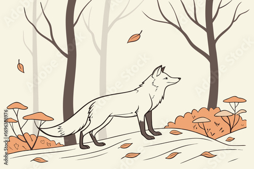 A lone fox stands in a whimsical forest with falling leaves and mushrooms