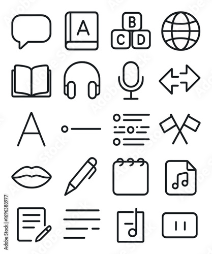 Language Studies icons in minimalistic line art style: speech bubble, dictionary, alphabet blocks, globe, book, headphones, microphone, translation