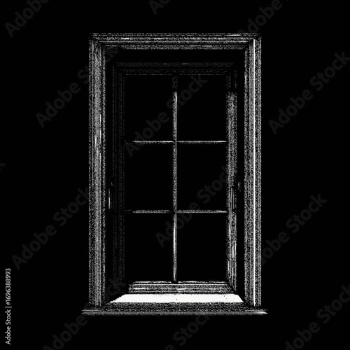 Intricately designed window frame with a traditional aesthetic showcasing craftsmanship in a dark setting