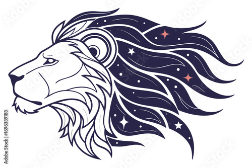 Stylized lion head with cosmic mane and stars