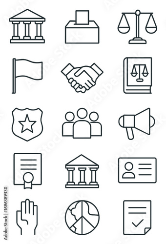 Civics icons in minimalistic line art style: government building, ballot box, scale of justice, gavel, flag, handshake, group of people, law book,