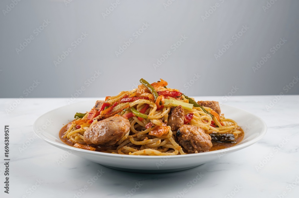 Fototapeta premium Hot Filipino Lomi Noodles with Mixed Meats and Veggies