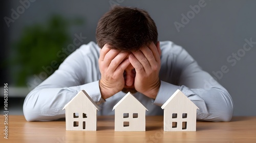 A man sitting at a table, head in hands, with small house models in front of him, indicating concerns about mortgage, loans, and housing-related financial problems.