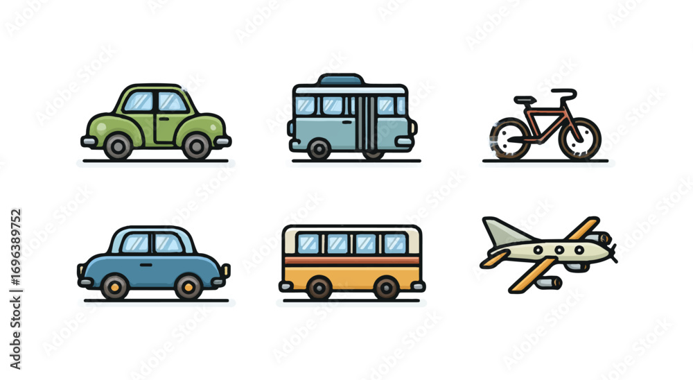 Naklejka premium Collection of transportation cartoon icons vehicles including car bus bicycle and airplane vector illustration transport