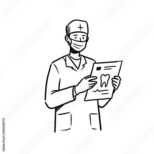 Dentist holding chart, professional mood, examining dental records, simple black and white line sketch